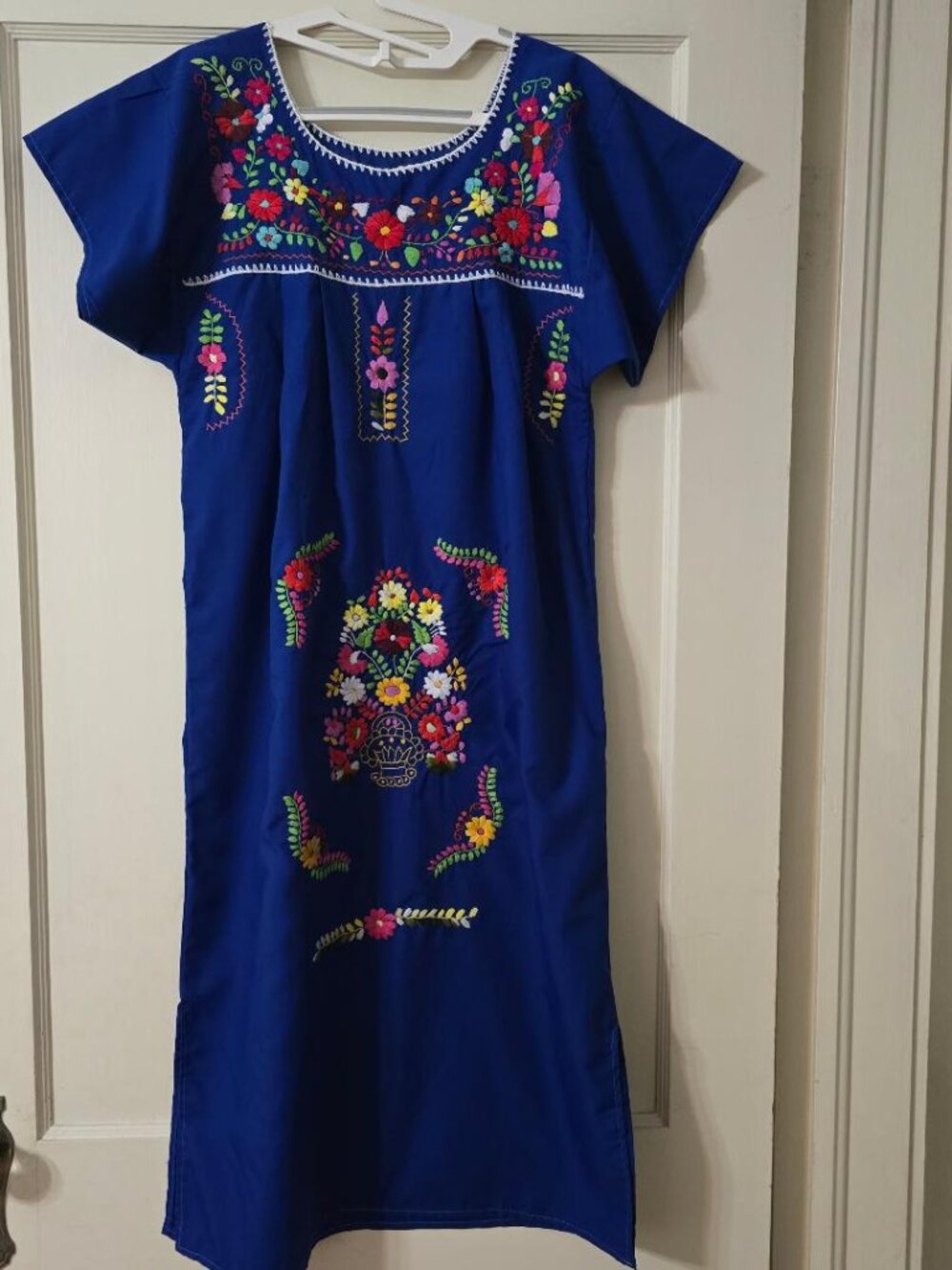 L Traditional Mexican Multi Floral Embroidery Dress in Cobalt Blue Cap Sleeve